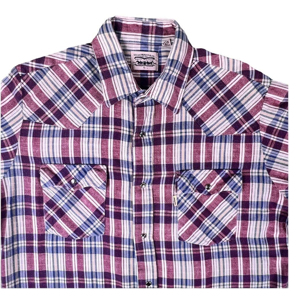 VTG 80s Levi's Pearl Snap Western Shirt Men’s L Plaid Long Sleeve Flannel Cotton